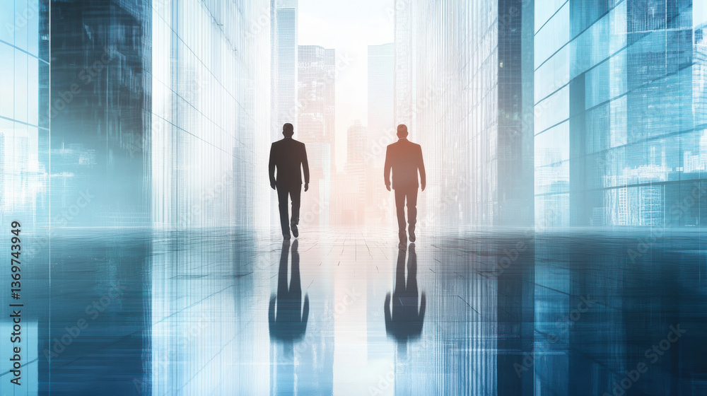 Two silhouetted figures walking towards each other in a futuristic urban setting Two silhouetted figures walking towards each other in a futuristic urban setting