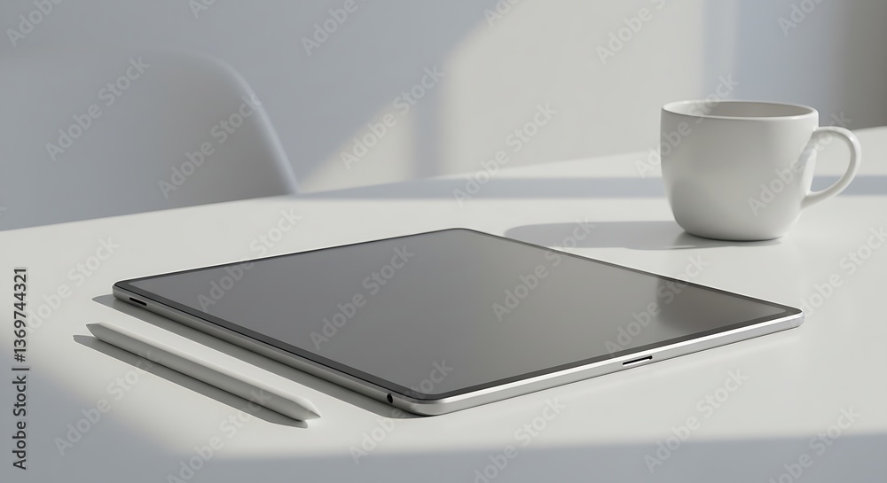 A digital tablet with a stylus on a minimalist workspace setup. A digital tablet with a stylus on a minimalist workspace setup.