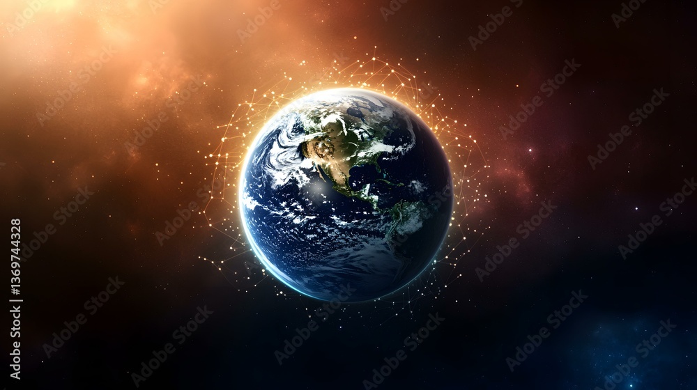 The image shows planet Earth in space, with a network of glowing lines connecting points around it, set against a backdrop of nebulae in shades of orange and blue. The image shows planet Earth in space, with a network of glowing lines connecting points around it, set against a backdrop of nebulae in shades of orange and blue.