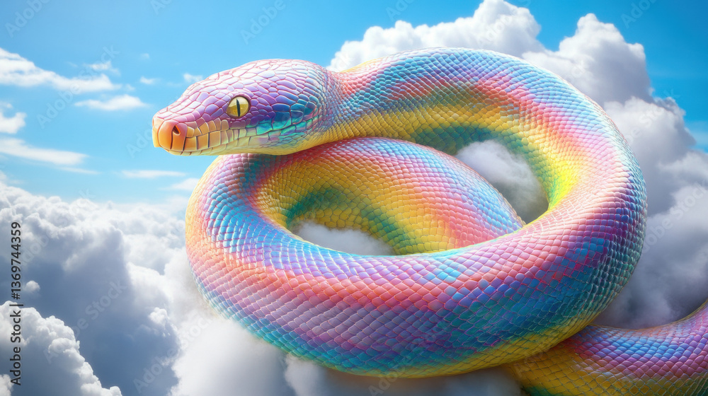 Obraz premium A rainbow-colored snake coiled among the clouds