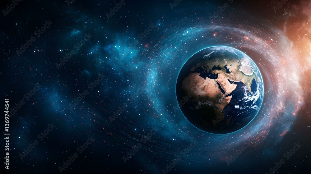 Obraz premium A detailed image of planet Earth, prominently featured, is encircled by a swirling nebula of vibrant blues, reds, and oranges against a backdrop of a deep space filled with countless stars.
