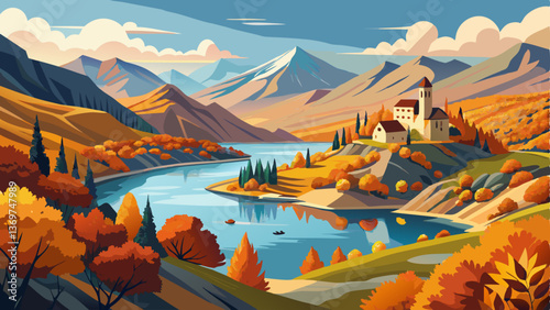 Mountain Lake. Beautiful autumn panoramic view of Zhinvali reservoir in Georgia country, Europe