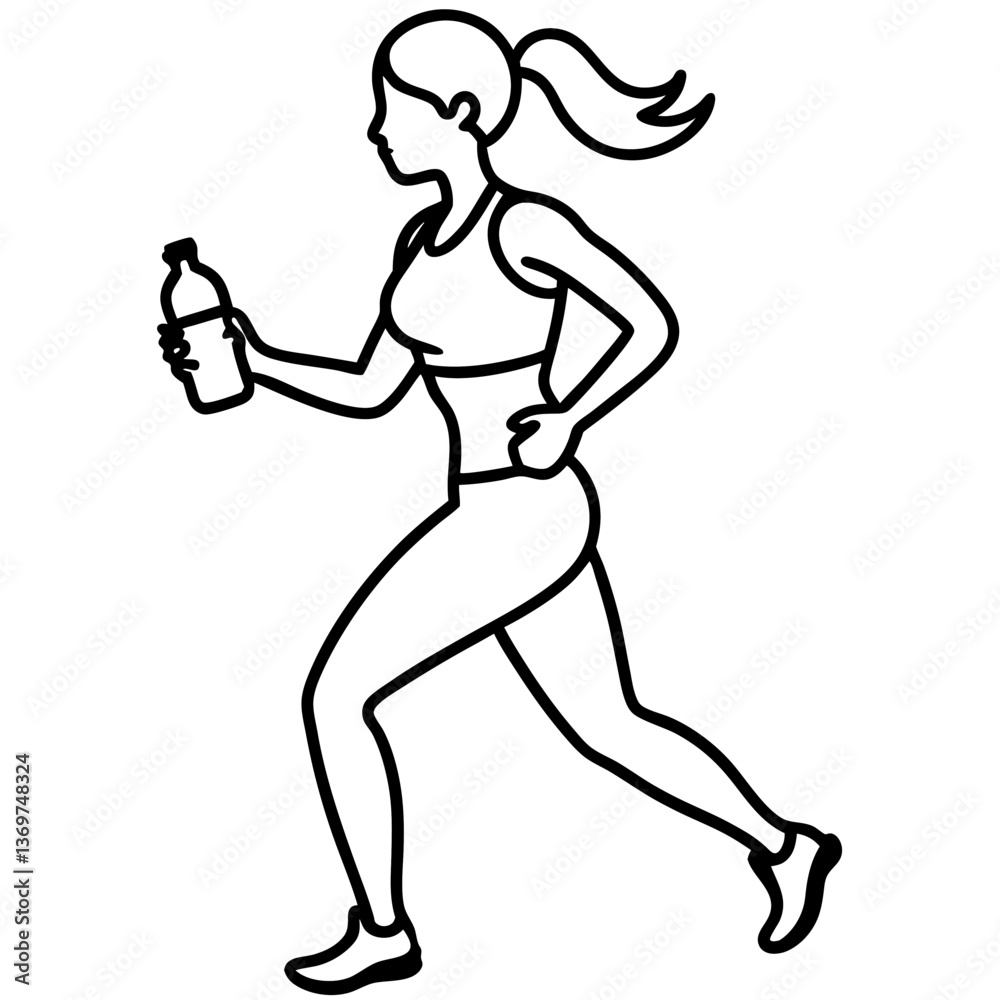 Line art vector silhouette of a female runner holding a water bottle while running Line art vector silhouette of a female runner holding a water bottle while running