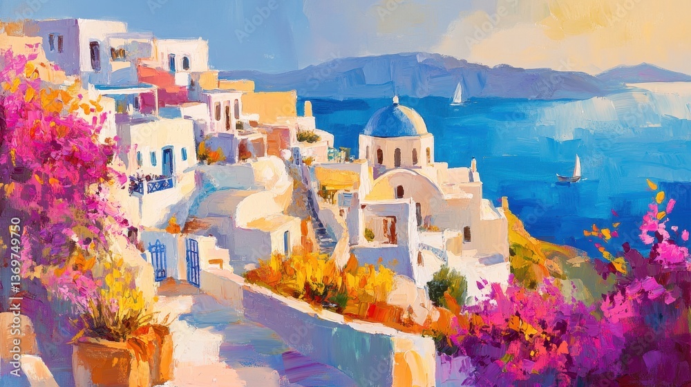 Obraz premium Watercolor of Traditional greek Santorini house with bougainvillea flowers,Greece islands blue white traditional cafe restaurant architecture,Santorini blue door window,Mediterranean scene.
