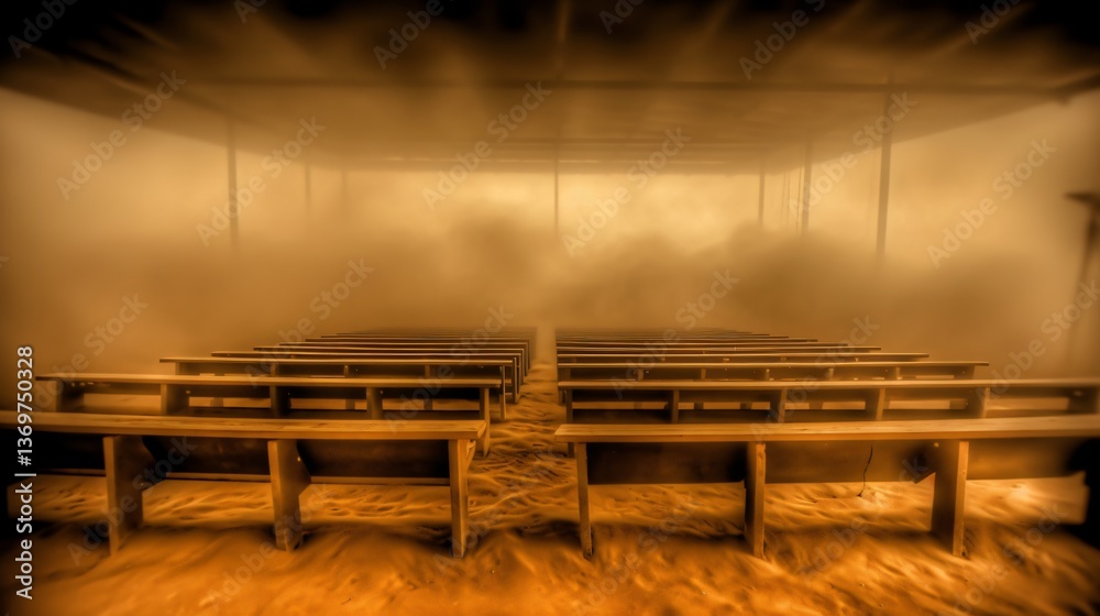 Deserted Church Hall Filled with Dust and Fog Deserted Church Hall Filled with Dust and Fog