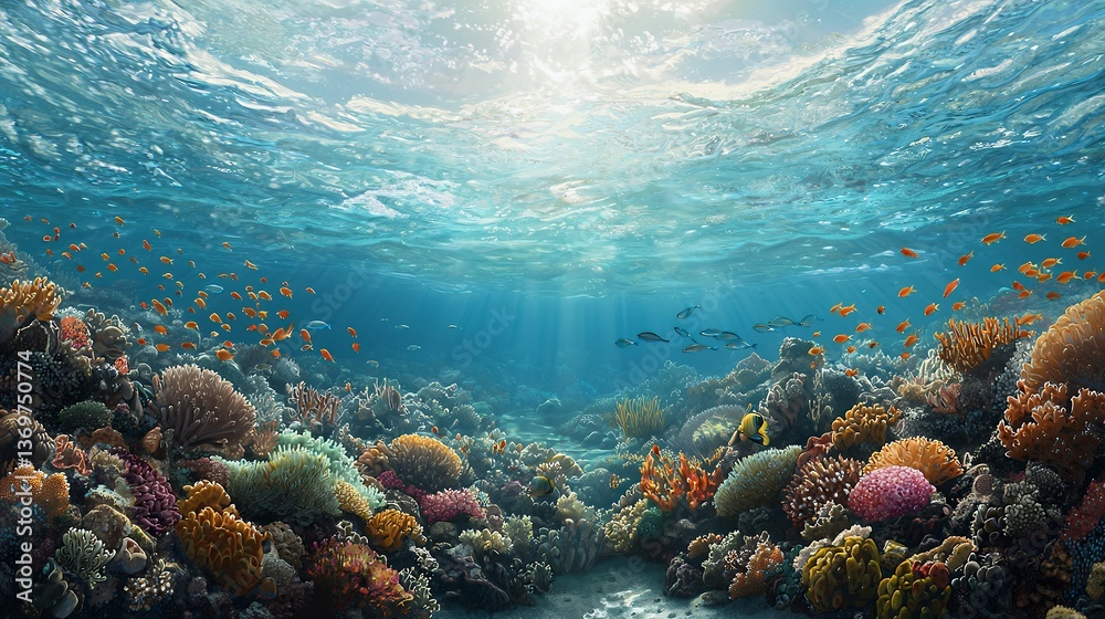 Fototapeta premium Sunlit Underwater Coral Reef with Colorful Fish