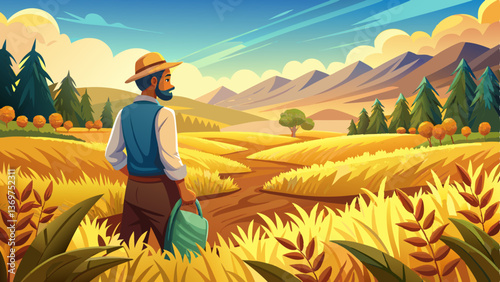 A serene view of a farmer walking through a golden field, inspecting the ripened crops