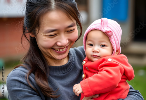 Young Chinese mom holding baby girl