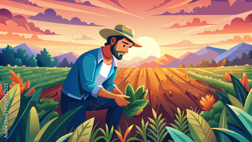 A focused farmer carefully examining healthy crops in an expansive field during sunset