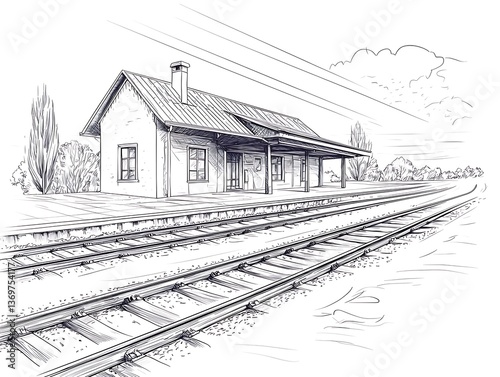 Rural Train Station Sketch.