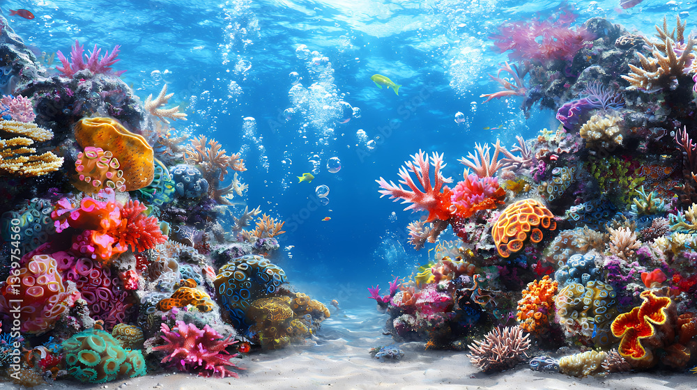 Naklejka premium Underwater Vibrant Coral Reef Scene with Colorful Fish and Bubbles