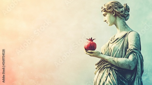 Stone statue holds pomegranate; serene, classical pose.