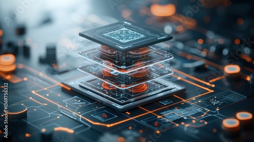 Layered technological processor; intricate circuitry, glowing components