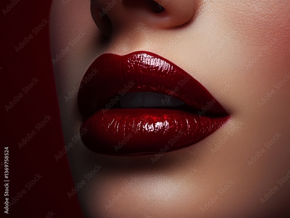 Fototapeta premium Luxurious Crimson: Close-Up of Glossy Burgundy Lips with Perfect Skin Texture, showcasing a captivating beauty look and flawless makeup application on a model's face.