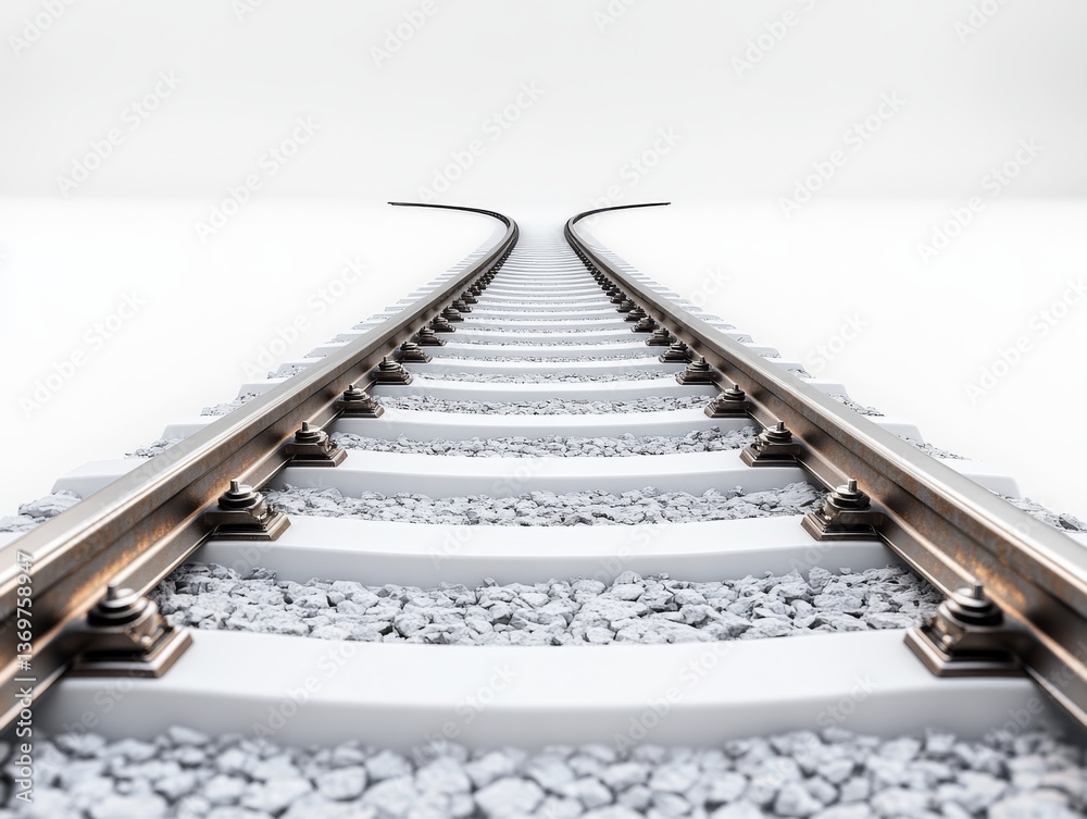 Obraz premium Railway Perspective: An Atmospheric Composition of Tracks Converging into Infinity, Creating a Sense of Depth and Journey on a Clean Background.