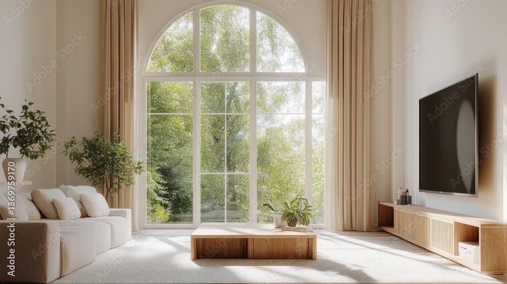 Modern living room with large window overlooking lush garden. Interior design inspiration Modern living room with large window overlooking lush garden. Interior design inspiration