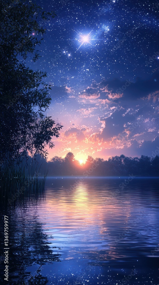 Naklejka premium Dreamy Natural Background with Star Filled Sky at Dusk