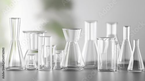 A collection of elegant glass laboratory equipment, including flasks and beakers, set against a soft background, perfect for scientific and educational themes