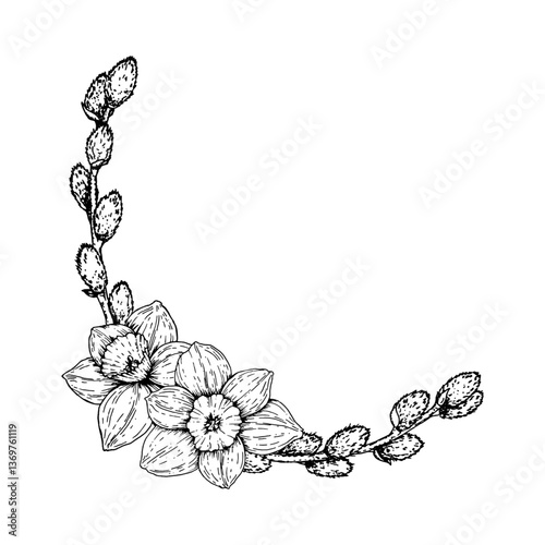 Black and white vector illustration of a floral corner arrangement with narcissus flowers and pussy willow branches. Hand drawn ink line art, perfect for spring holiday borders and Easter decorations.