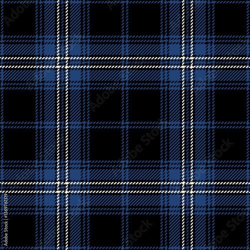 Tartan plaid pattern in dark navy blue and white. Vector seamless check pattern for flannel shirt, skirt, blanket, jacket, tablecloth, textile.