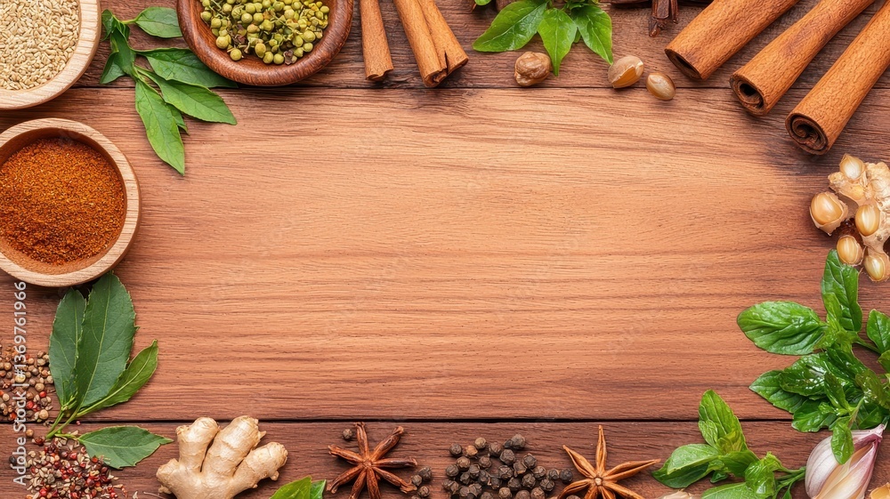 Fototapeta premium Rustic wooden surface surrounded by various spices and herbs in bowls, creating a vibrant, natural composition.