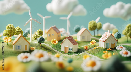 A whimsical miniature landscape showcasing eco-friendly houses and wind turbines, symbolizing sustainability