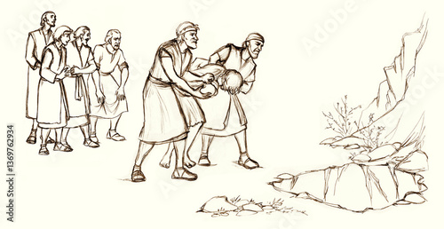 Pencil drawing. The men caught the guy and are leading him