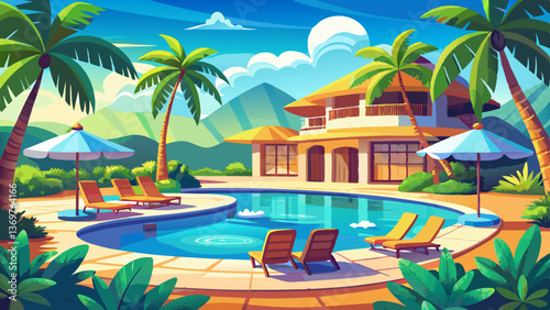 Tropical Island Resort Pool Vector Design with Lounge Chairs, Vacation Luxury Illustration