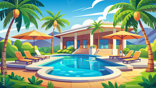 Tropical Island Resort Pool Vector Design with Lounge Chairs, Vacation Luxury Illustration