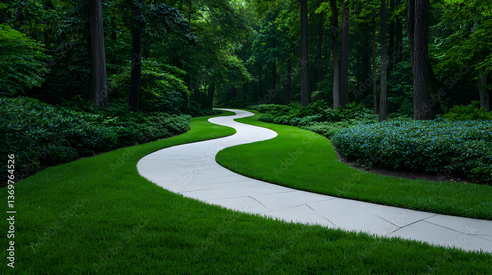 Winding Garden Path Through Lush Green Forest Winding Garden Path Through Lush Green Forest