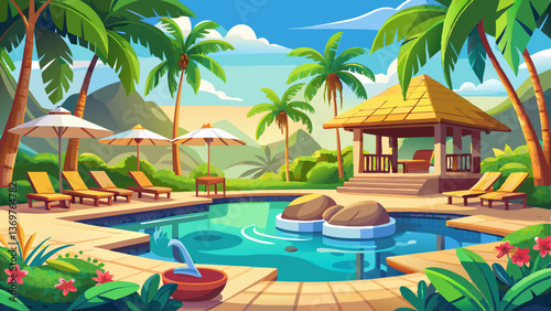 Tropical Island Resort Pool Vector Design with Lounge Chairs, Vacation Luxury Illustration