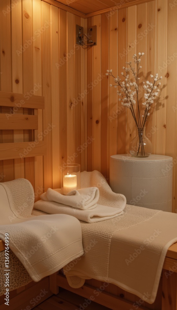 Relaxing spa setting with warm candlelight and soft towels Relaxing spa setting with warm candlelight and soft towels