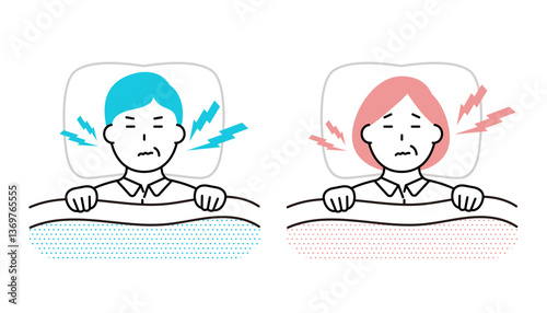 睡眠中に歯ぎしりをする中高年の男性と女性のイメージイラスト