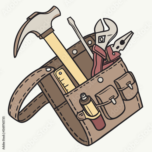Tool belt with various tools including hammer and pliers