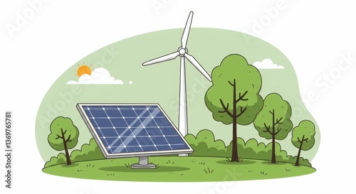 Sustainable energy: cartoon of solar panel and wind turbine in green landscape
