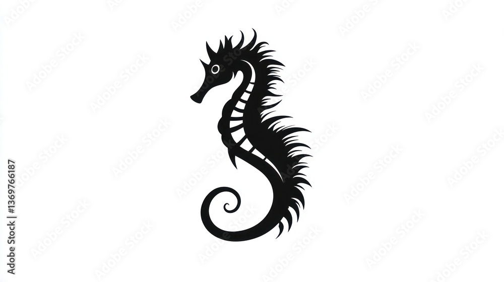 Fototapeta premium Black seahorse silhouette, ocean background, marine life illustration, design element