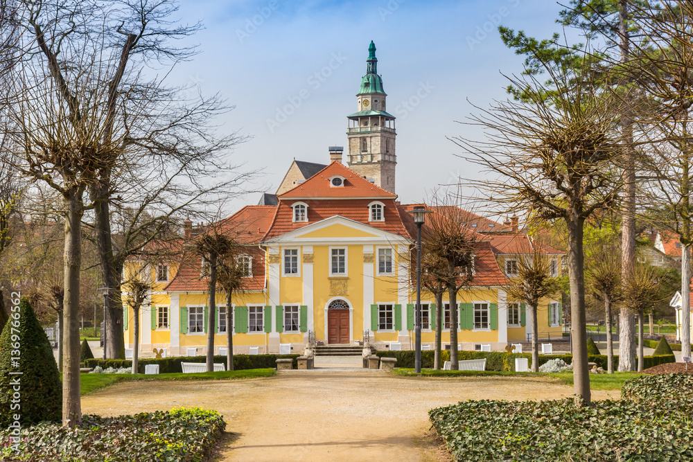 Front of the Friederiken castle and church tower in Bad Langensalza, Germany