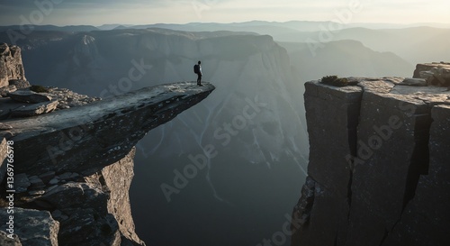 Adventurer contemplating vast canyon view against majestic mountains  