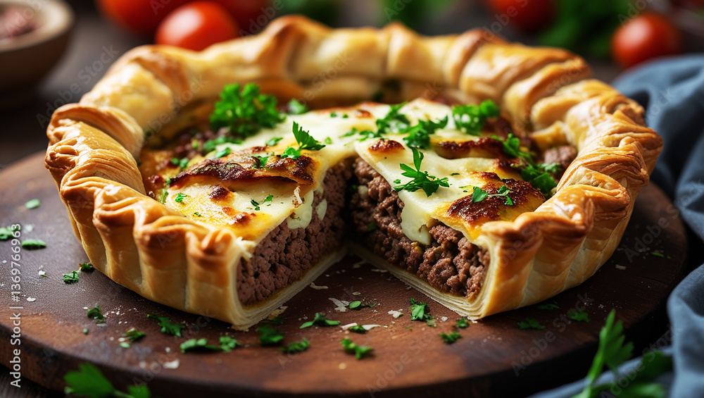 Golden-Crusted Savory Pie with a Generous Filling of Ground Meat, Melted Cheese, and Fresh Parsley, Elegantly Presented on a Rustic Wooden Board.
Golden-Crusted Savory Pie with a Generous Filling of Ground Meat, Melted Cheese, and Fresh Parsley, Elegantly Presented on a Rustic Wooden Board.