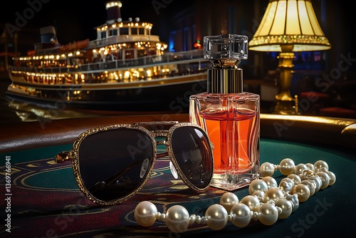 A Mississippi riverboat with a southern charm perfume bottle, riverboat captain sunglasses, and pearls on a gambling table under lamplight.