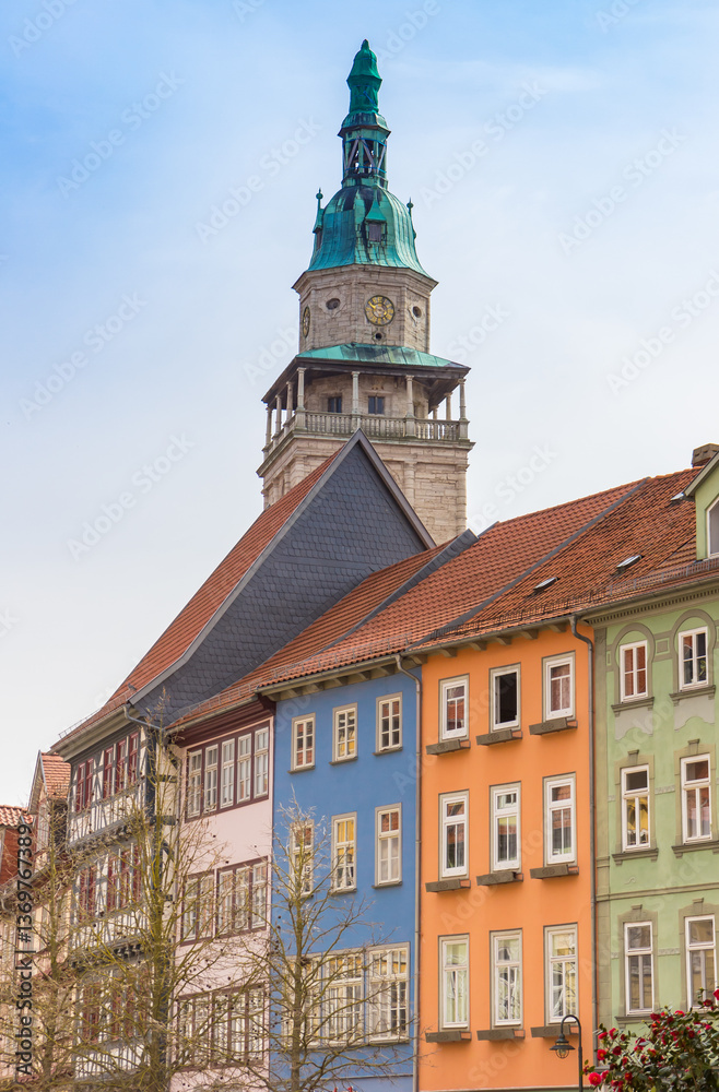 Colorful houses and church tower in Bad Langensalza, Germany