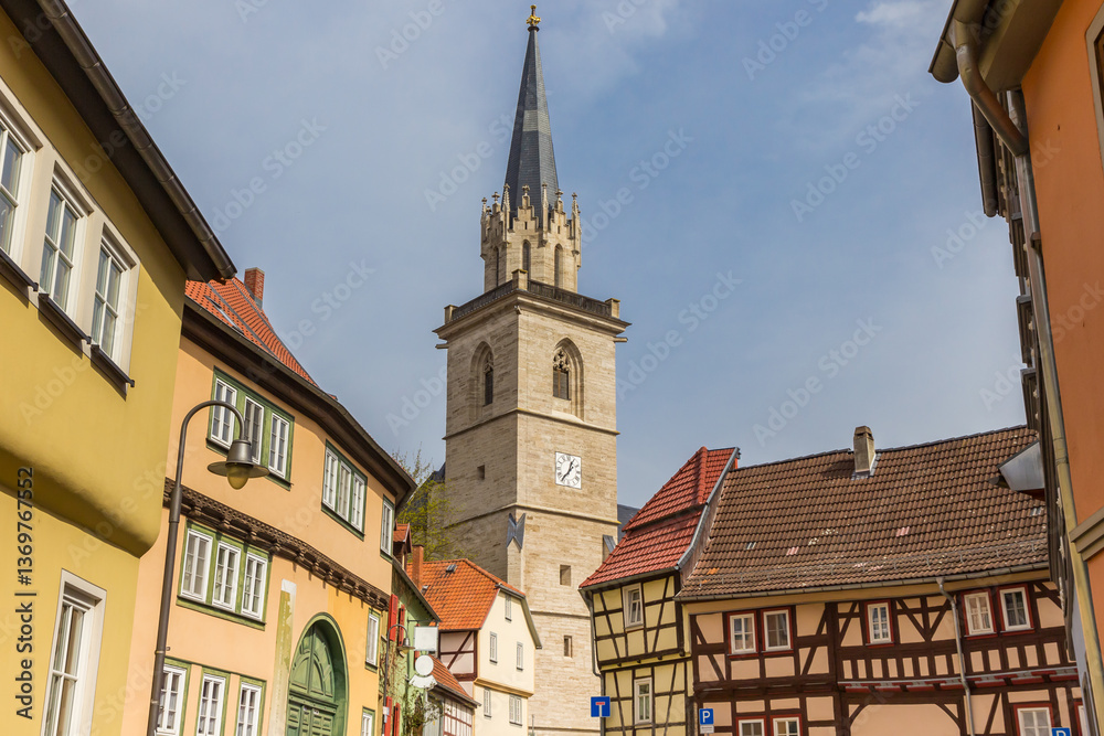 Colorful houses in front of the St. Stephan church in Bad Langensalza, Germany