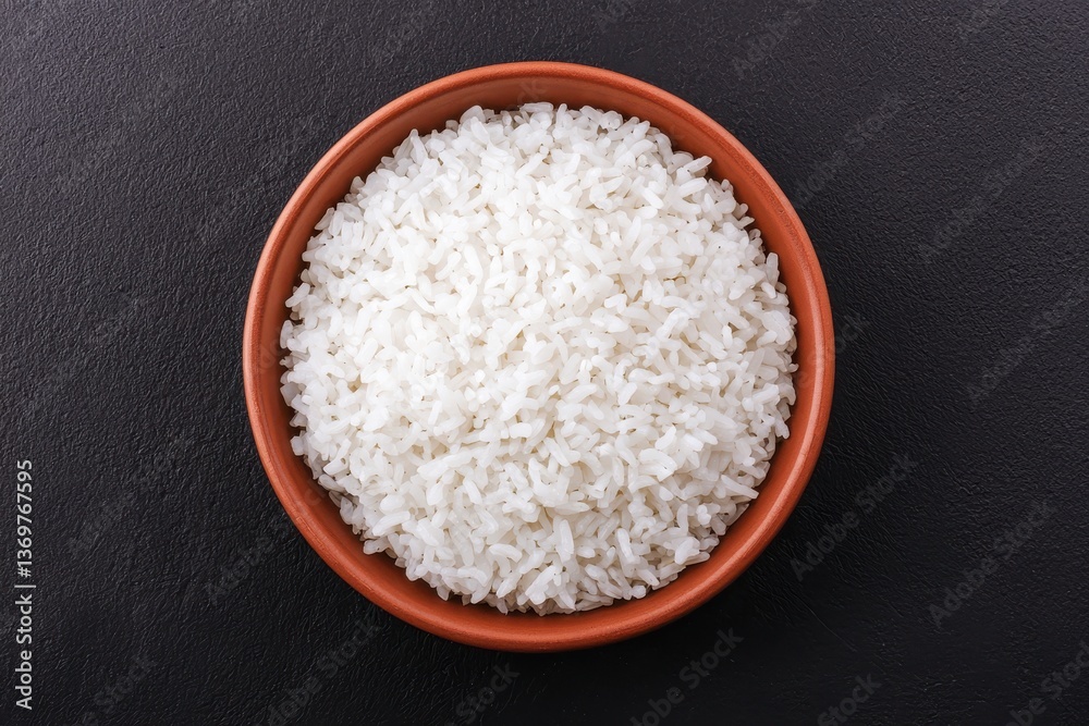 Freshly Cooked White Rice in a Ceramic Bowl on Dark Surface Freshly Cooked White Rice in a Ceramic Bowl on Dark Surface