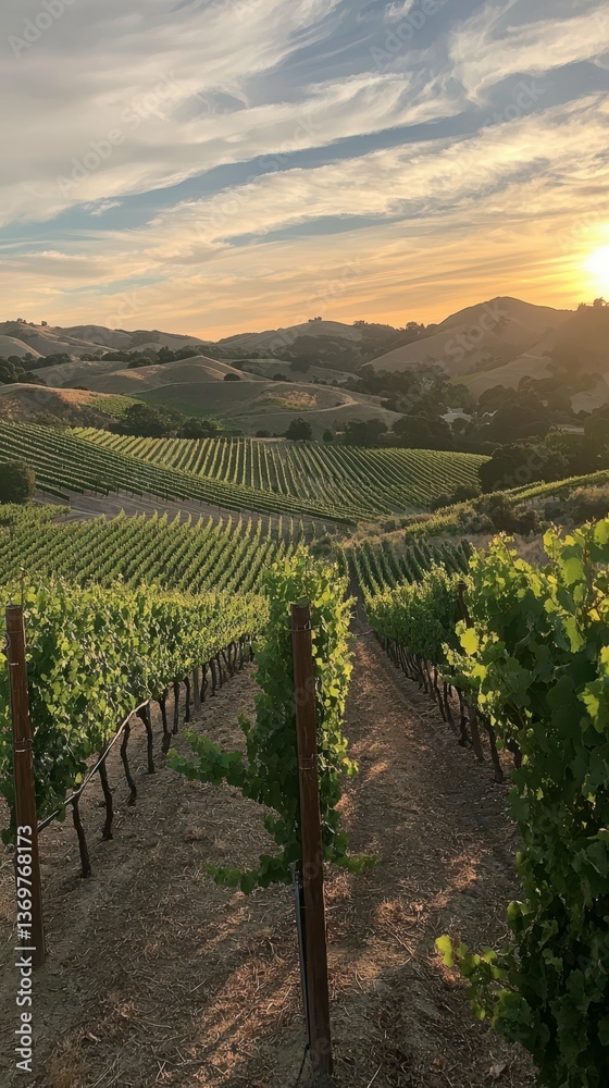 Fototapeta premium Lush Vineyard Landscape Stretching Across Rolling Hills at Sunset