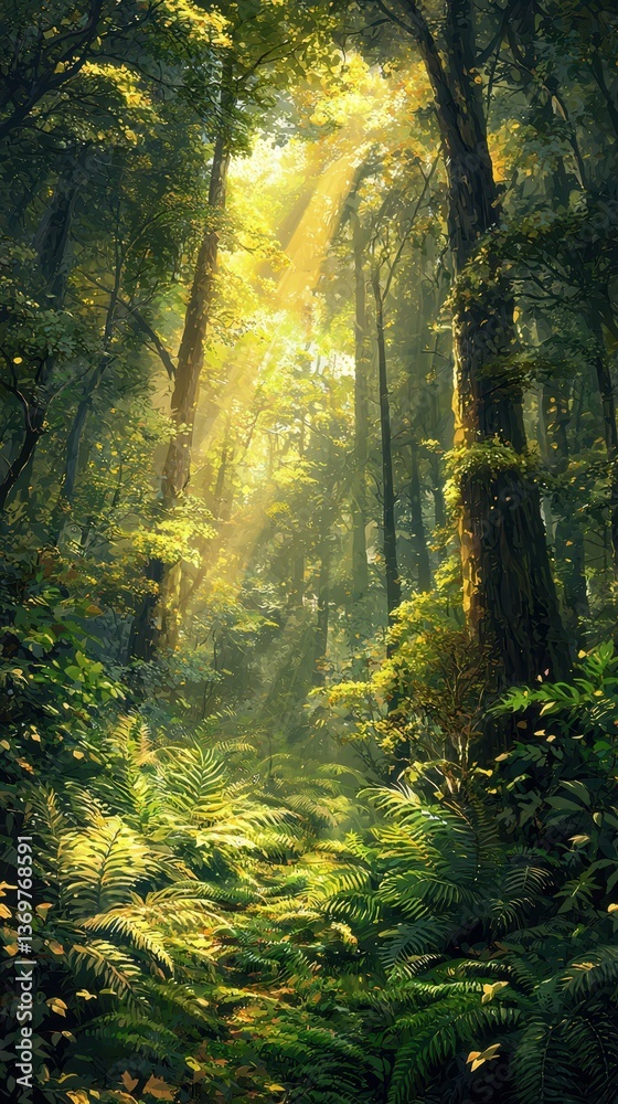 Obraz premium Majestic Forest Vista with Towering Trees and Sunlight Rays