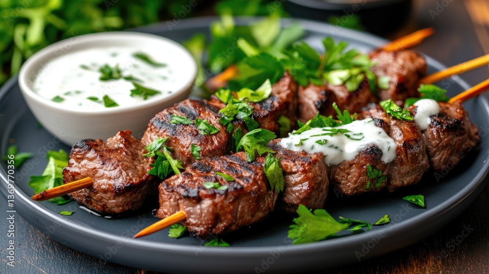 Grilled Beef Skewers with Herbs and Sauce on a Rustic Table Grilled Beef Skewers with Herbs and Sauce on a Rustic Table