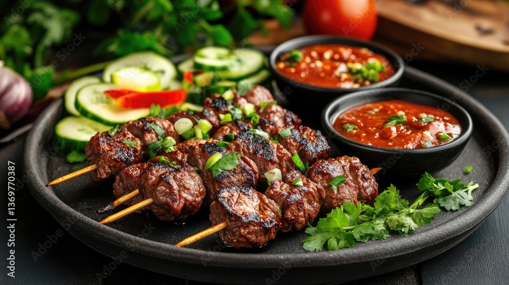 Delicious Grilled Skewers with Fresh Vegetables and Dipping Sauce