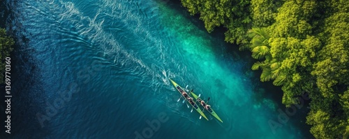 Aerial drone top panoramic view of sport canoe rowing synchronous athletes competing in tropical exotic lake