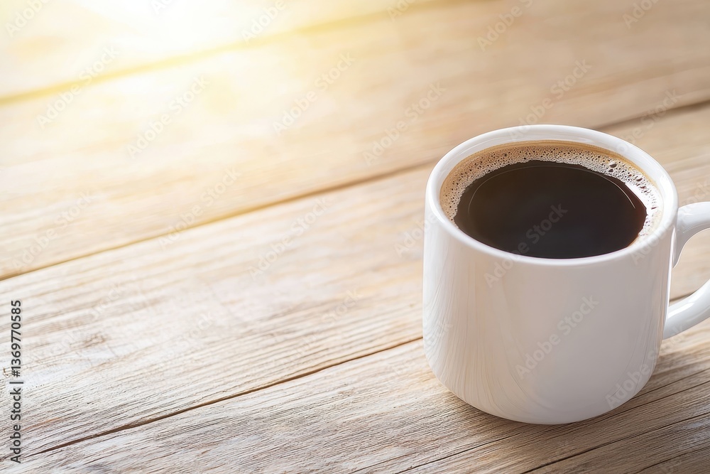 A steaming cup of coffee sits on a rustic wooden surface, bathed in soft light. A steaming cup of coffee sits on a rustic wooden surface, bathed in soft light.