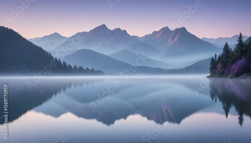 A breathtaking landscape photograph captures a serene lake at dawn or dusk, reflecting the soft hues of the sky